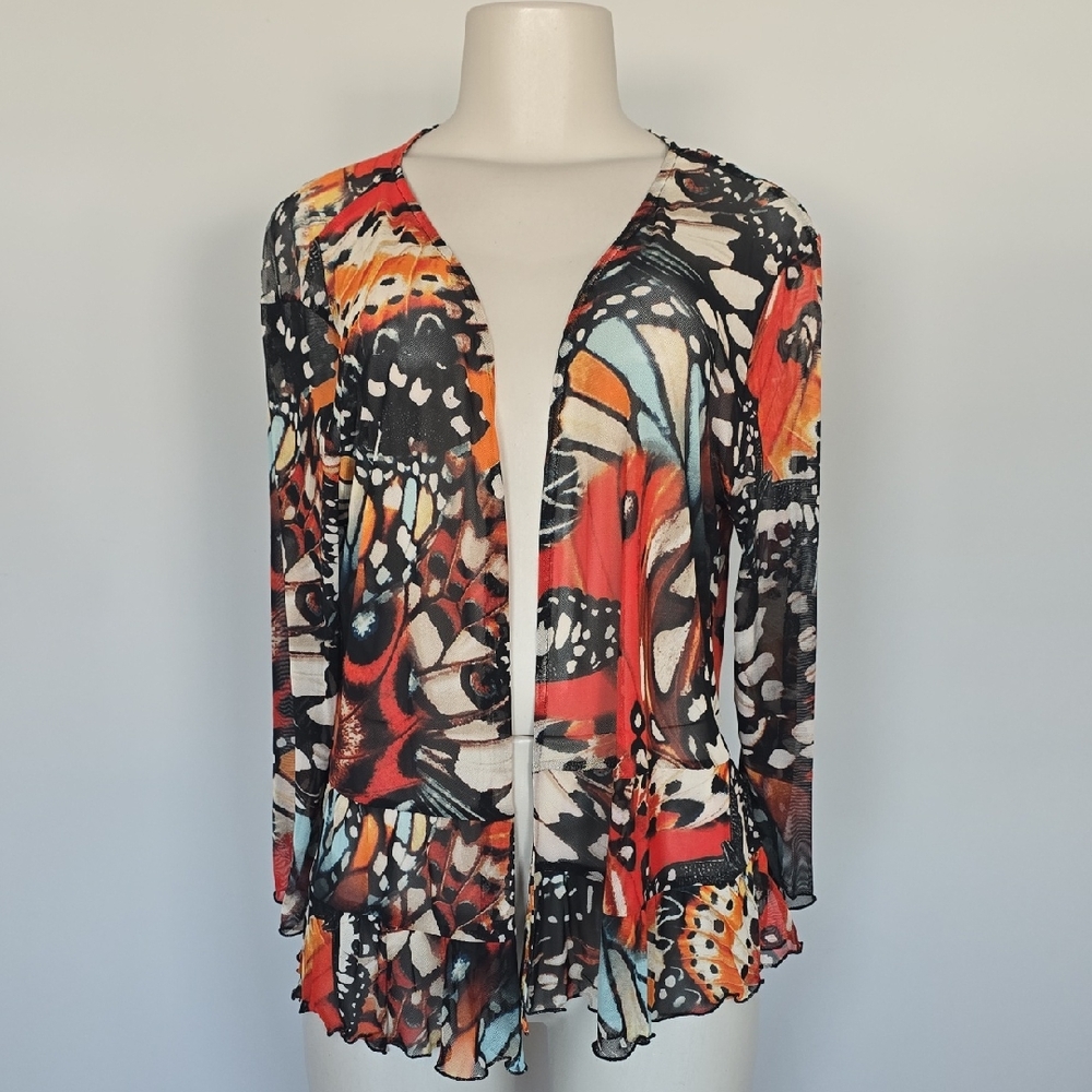 Attitudes by Renee butterfly print open front mesh top-M